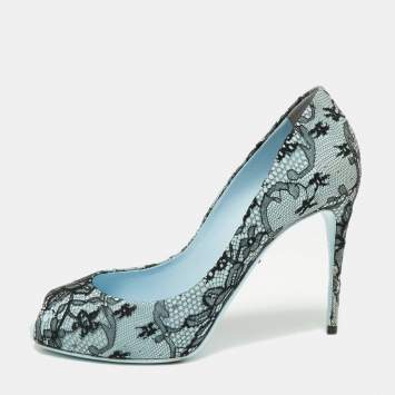 Pre Owned Dolce & Gabbana Blue/Black Patent Leather and Lace Peep Toe Pumps Size 39