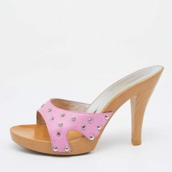 Pre Owned Dolce & Gabbana Pink Leather Crystal Embellished Wooden Platform Slide Sandals Size 40