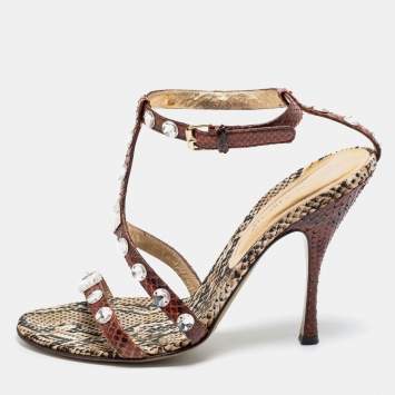 Pre Owned Dolce & Gabbana Brown/Beige Python Crystal Embellished T-Strap Sandals Size 38