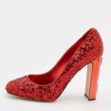 Pre Owned Dolce & Gabbana Red Sequin Block Heels Pumps Size 39