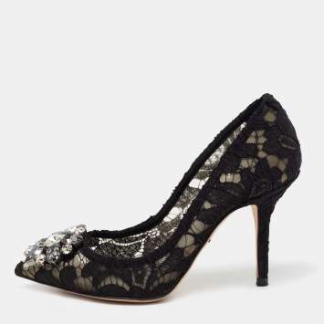 Pre Owned Dolce & Gabbana Black Lace And Mesh Crystal Embellished Brooch Detail Rainbow Pumps Size 35
