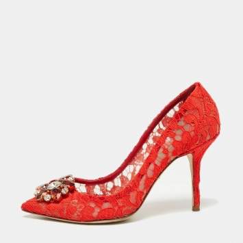 Pre Owned Dolce & Gabbana Red Lace Taormina Pumps Size 38