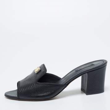 Pre Owned Dolce & Gabbana Black Lizard Embossed Leather Slide Sandals Size 40