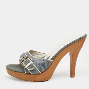Dolce & Gabbana Blue Denim And Leather Trims Buckle Detail Open Toe Platform Slide Sandals Size 40