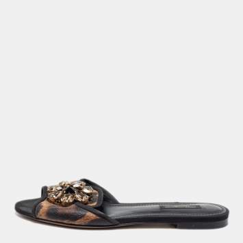 مملوكة مسبقًا Dolce & Gabbana Brown Leopard Print Coated Canvas Crystal Embellished Flat Slides Size 37.5