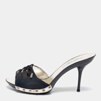 Pre Owned Dolce & Gabbana Navy Blue/Black Canvas Slide Sandals Size 39