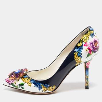 Pre Owned Dolce & Gabbana Multicolor Floral Print Leather Embellished Pointed Toe Pumps Size 39
