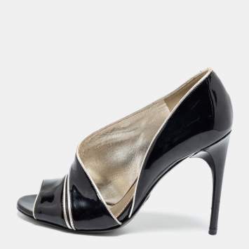 Pre Owned Dolce & Gabbana Black Patent Leather Piping Detail Peep Toe D'orsay Pumps Size 36.5