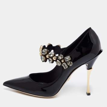 Pre Owned Dolce & Gabbana Black Patent Crystal-Embellished  Mary Jane Pumps Size 39