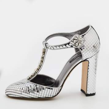 مملوكة مسبقًا Dolce & Gabbana Metallic Silver Textured Leather Embellished T Strap Pumps Size 39.5