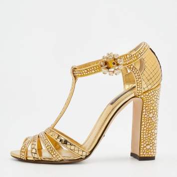 Pre Owned Dolce & Gabbana Metallic Gold Satin And Texture Leather Embellished Ankle Strap Sandals Size 37.5