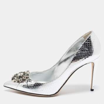 Pre Owned Dolce & Gabbana Silver Snake Embossed Leather Crystal Embellishments Pointed-Toe Pumps Size 40