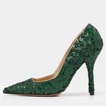 Pre Owned Dolce & Gabbana Green Sequin Embellished Pointed Toe Pumps Size 38