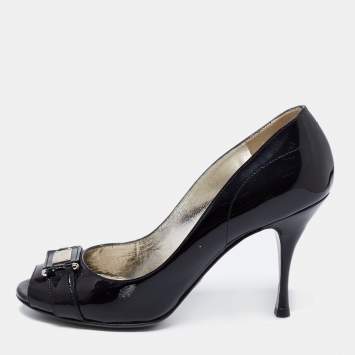 Pre Owned Dolce & Gabbana Black Patent Leather Buckle Peep Toe Pumps Size 38.5