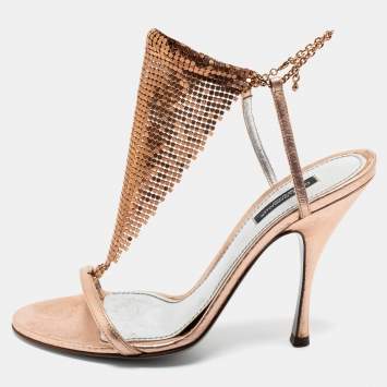 Pre Owned Dolce & Gabbana Metallic Rose Gold Leather Embellished Ankle Strap Sandals Size 39