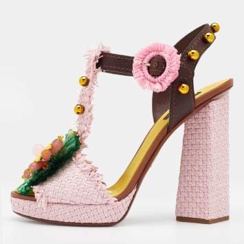 Pre Owned Dolce & Gabbana Multicolor Straw And Leather Embellished Ankle Strap Sandals Size 40