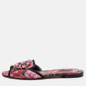 مملوكة مسبقًا Dolce & Gabbana Pink Printed Canvas Crystal Embellished Bianca Flat Slides Size 38.5