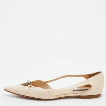 Pre Owned Dolce & Gabbana Cream Leather Cut Out Pointed Toe Ballet Flats Size 38