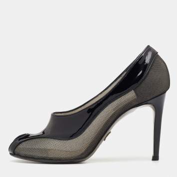 Pre Owned Dolce & Gabbana Black Patent Leather And Mesh Peep Toe Pumps Size 37