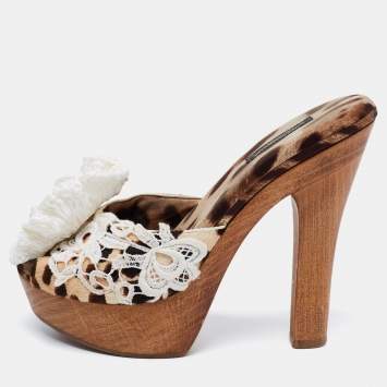 Pre Owned Dolce & Gabbana Brown/White Calf Hair And Flower Detail Platform Sandals Size 38