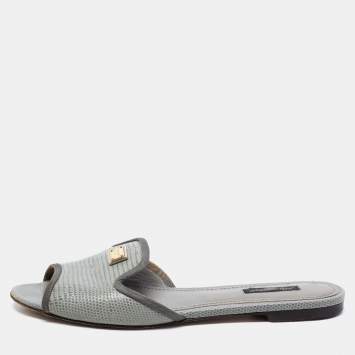 Pre Owned Dolce & Gabbana Grey/Green Lizard Embossed Leather Sofia Flat Slide Sandals Size 39