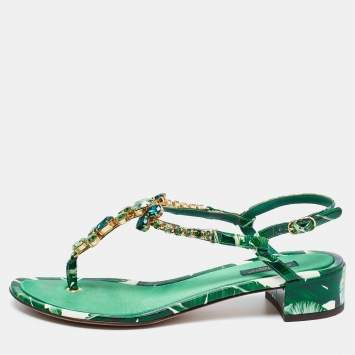 Pre Owned Dolce & Gabbana Green Leaf Printed Patent Leather Crystal Embellished Ankle Strap Sandals Size 38.5