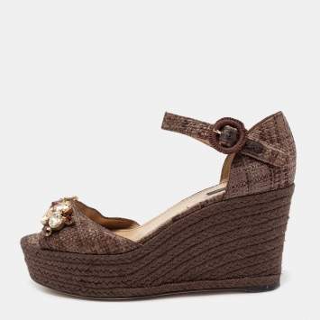 Pre Owned Dolce & Gabbana Brown Raffia Crystal Embellished Espadrille Wedge Sandals Size 38
