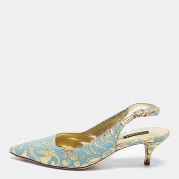 مملوكة مسبقًا Dolce & Gabbana Blue Print Brocade Slingback Pointed Toe Pumps Size 39