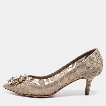 Pre Owned Dolce & Gabbana Beige Lace Bellucci Pointed Toe Pumps Size 36.5