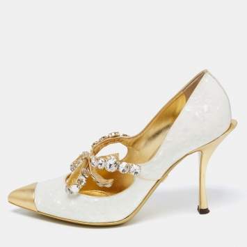 Pre Owned Dolce & Gabbana Off-White/Gold Textured Leather Crystal Embellished Bow Lori Pumps Size 37.5