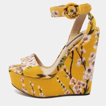 Pre Owned Dolce & Gabbana Yellow Fabric Floral Print Wedge Sandals Size 36