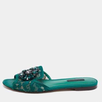 Pre Owned Dolce & Gabbana Green Lace Sofia Crystal Embellished Flat Slides Size 36