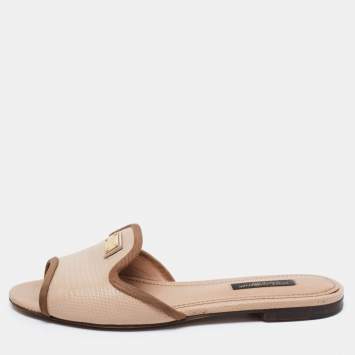 Pre Owned Dolce & Gabbana Beige Lizard Embossed Leather Sofia Slide Sandals Size 35