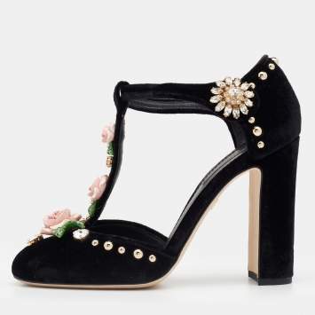 Pre Owned Dolce & Gabbana Black Velvet Crystal/Rose Embellished Sandals Size 38