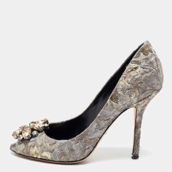 Pre Owned Dolce & Gabbana Grey/Gold Floral Print Brocade Fabric Bellucci Peep-Toe Pumps Size 37