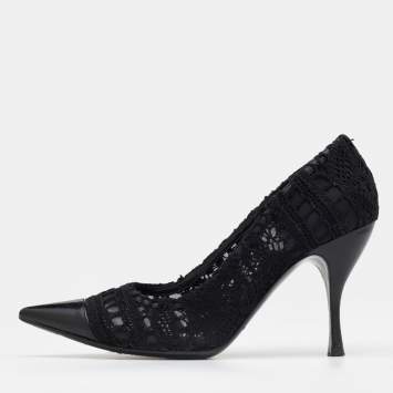 Pre Owned Dolce & Gabbana Black Crochet And Leather Pointed Cap Toe Pumps Size 37.5
