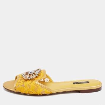 Pre Owned Dolce & Gabbana Yellow Lace Crystal Embellished Flat Slides Size 39