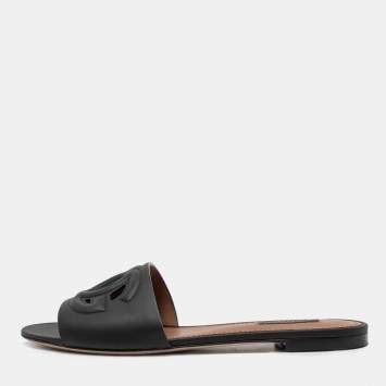 Pre Owned Dolce & Gabbana Black Leather Logo Cut-Out Flat Slide Sandals Size 39