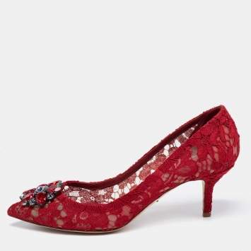Pre Owned Dolce & Gabbana Deep Red Lace Crystal Embellished Bellucci Pumps Size 38.5