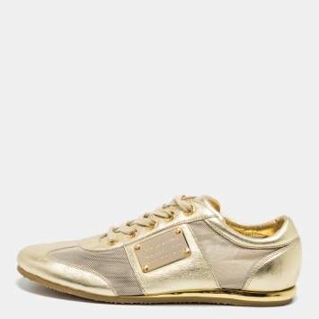 Pre Owned Dolce & Gabbana Metallic Gold Leather And Mesh Low Top Sneakers Size 41