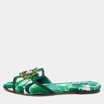 Pre Owned Dolce & Gabbana Green/White Banana Leaf-Print Fabric Crystal Embellished Flats Size 40
