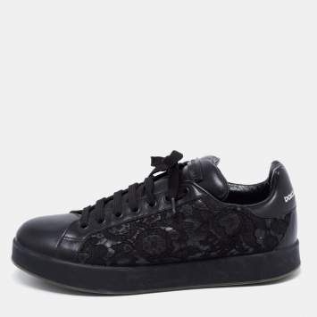 Pre Owned Dolce & Gabbana Black Lace And Leather Sneakers Size 39.5