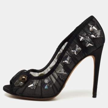 Pre Owned Dolce & Gabbana Black Net Crystal Embellished Peep-Toe Pumps Size 38 