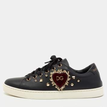 Pre Owned Dolce & Gabbana Black Leather DG Heart Low-Top Sneakers Size 38