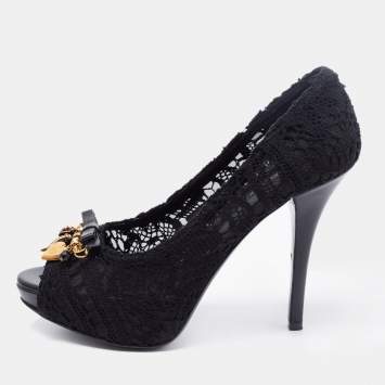 Pre Owned Dolce & Gabbana Black Lace Embellished Peep Toe Pumps Size 38