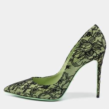 Pre Owned Dolce & Gabbana Black/Green Chantilly Lace and Patent Leather Pointed Toe Pumps Size 40