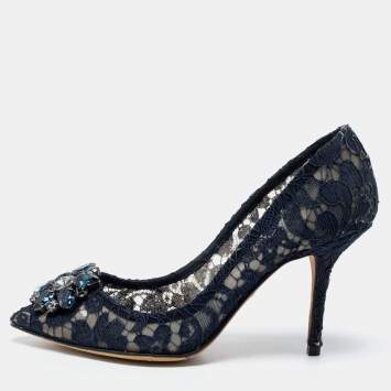 Pre Owned Dolce & Gabbana Navy Blue Lace And Mesh Taormina Crystal Embellished Pointed Toe Pumps Size 38.5