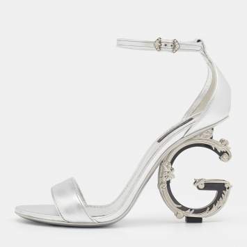 Pre Owned Dolce & Gabbana Silver Leather Keira Baroque DG Heel Ankle Strap Sandals Size 40