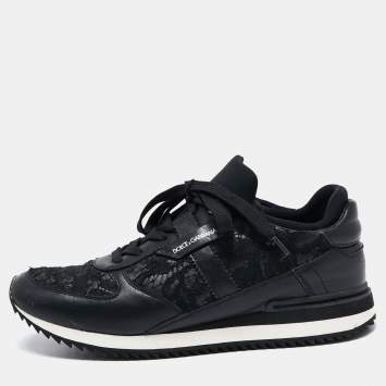 Pre Owned Dolce & Gabbana Black Leather And Lace Sneakers Size 38