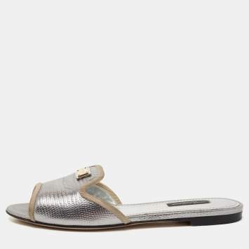 Pre Owned Dolce & Gabbana Silver Lizard Embossed Leather Flat Slides Size 36.5